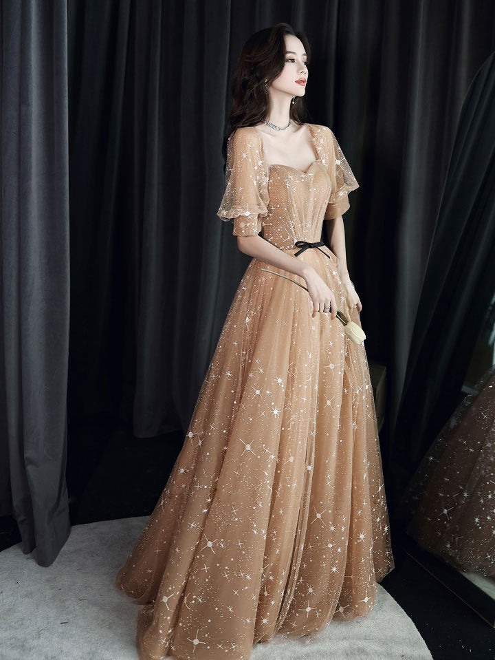 Champagne Sweetheart Tulle Lace Long Prom Dress Lace Evening Dress