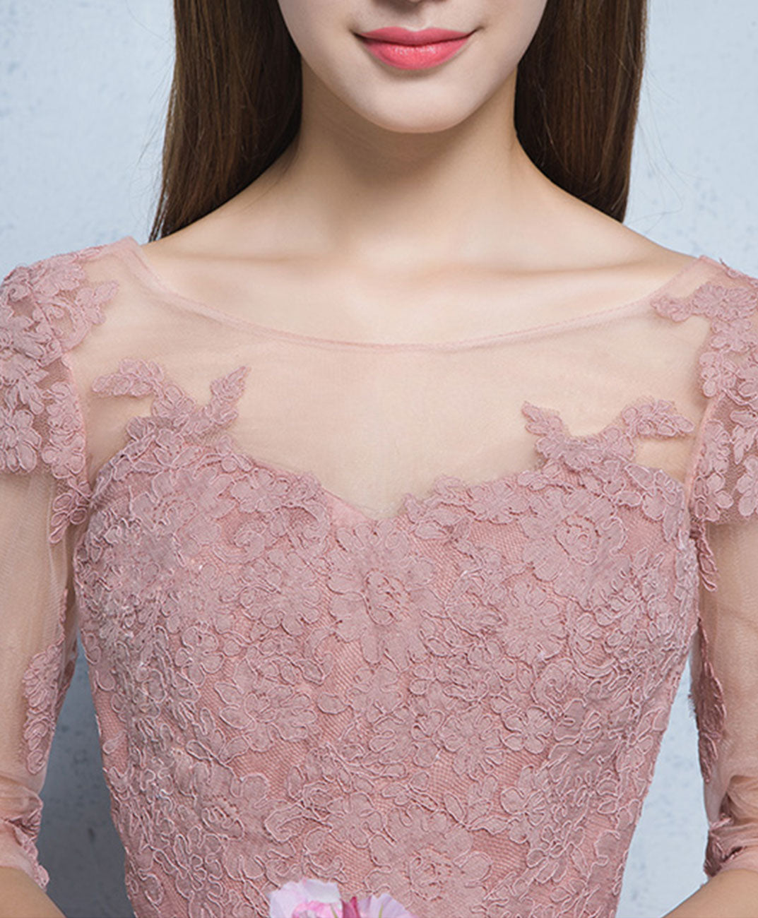 Pink Round Neck Tulle Lace Long Prom Dress, Pink A-Line Bridesmaid Dress