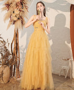 Yellow Sweetheart Tulle Long Prom Dress, A line Yellow Formal Graduation Dress