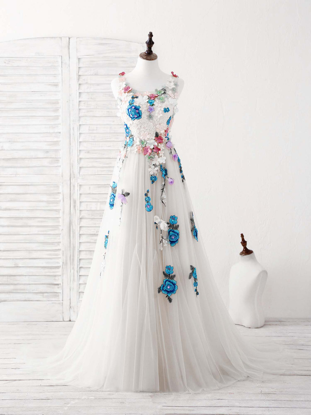 Tulle Lace Applique Long Prom Dress, Ivory Evening Dress
