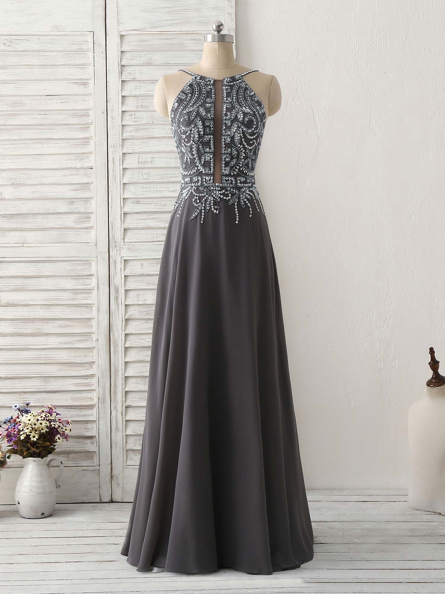 dark grey formal dress Embellished Long A-Line with Long Sleeves Off White / 8 Pictures of this product are pictures of the real object Stunning Beading Charcoal Tulle A-line