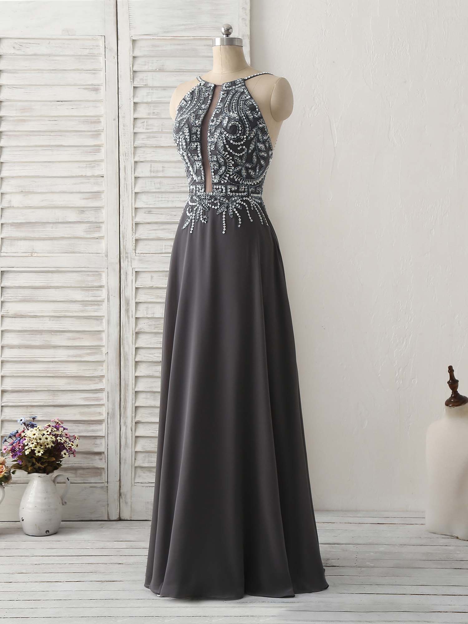Dark Gray Sequin Beads Long Prom Dress Backless Evening Dress US 16 / Dark Gray Dark Gray Sequin Beads Long Prom Dress Backless Evening Dress US 16 / Dark Gray