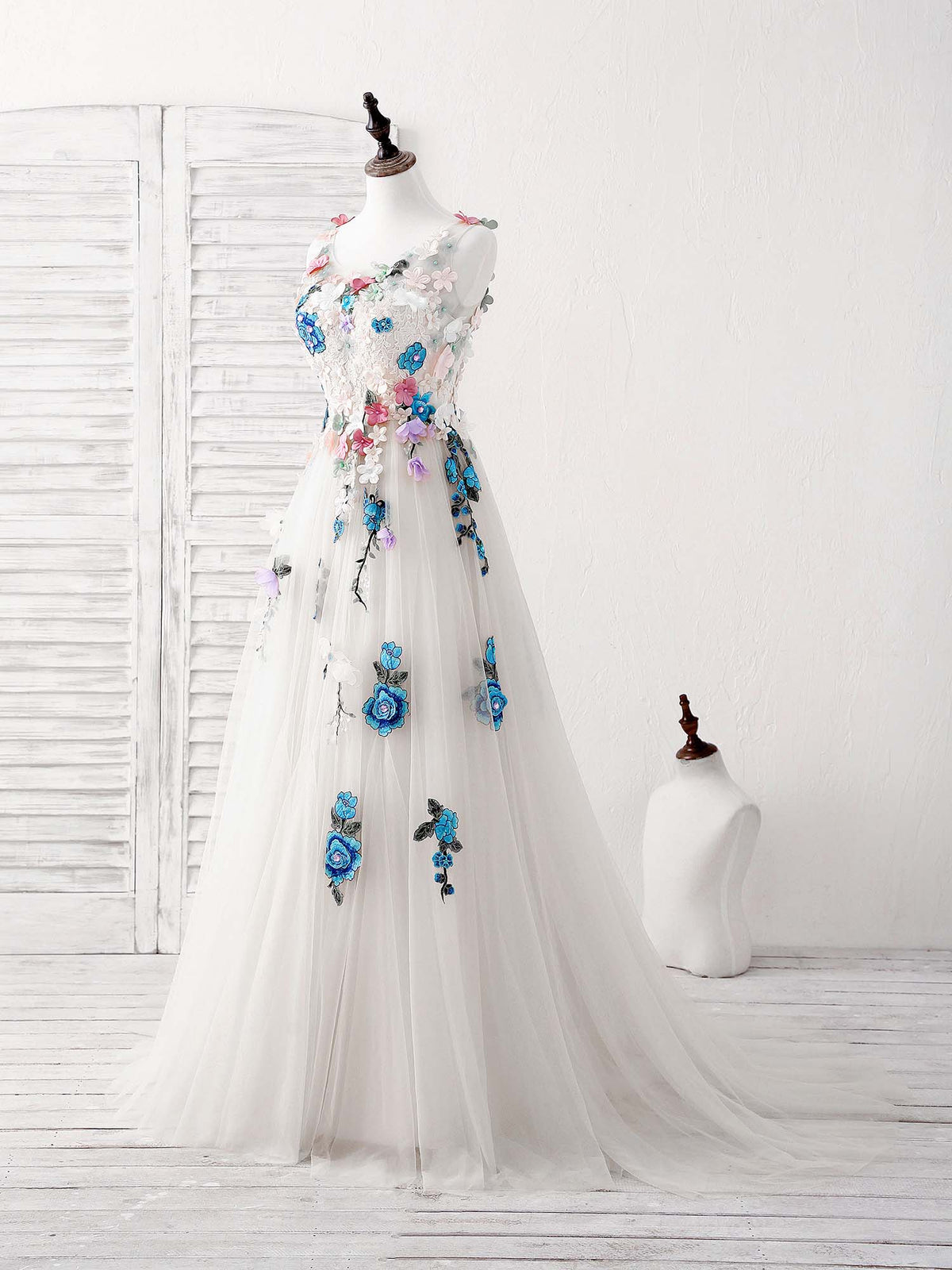 Tulle Lace Applique Long Prom Dress, Ivory Evening Dress