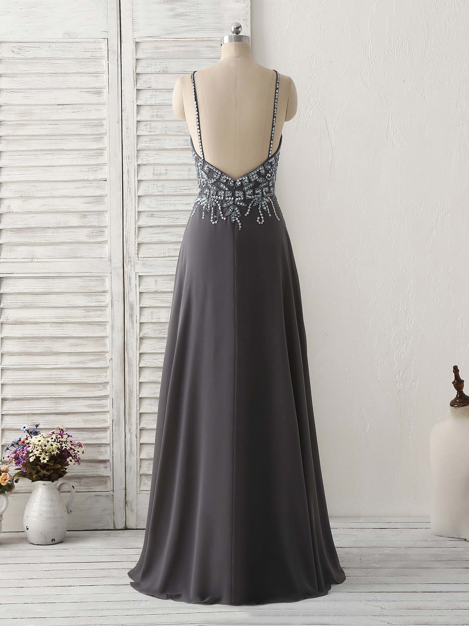 Dark Gray Sequin Beads Long Prom Dress Backless Evening Dress US 16 / Dark Gray Dark Gray Sequin Beads Long Prom Dress Backless Evening Dress US 16 / Dark Gray