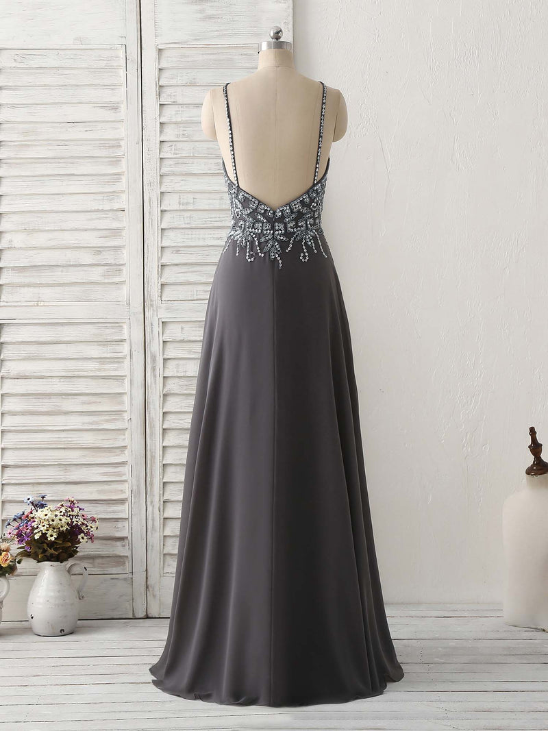 Dark Gray Sequin Beads Long Prom Dress Backless Evening Dress