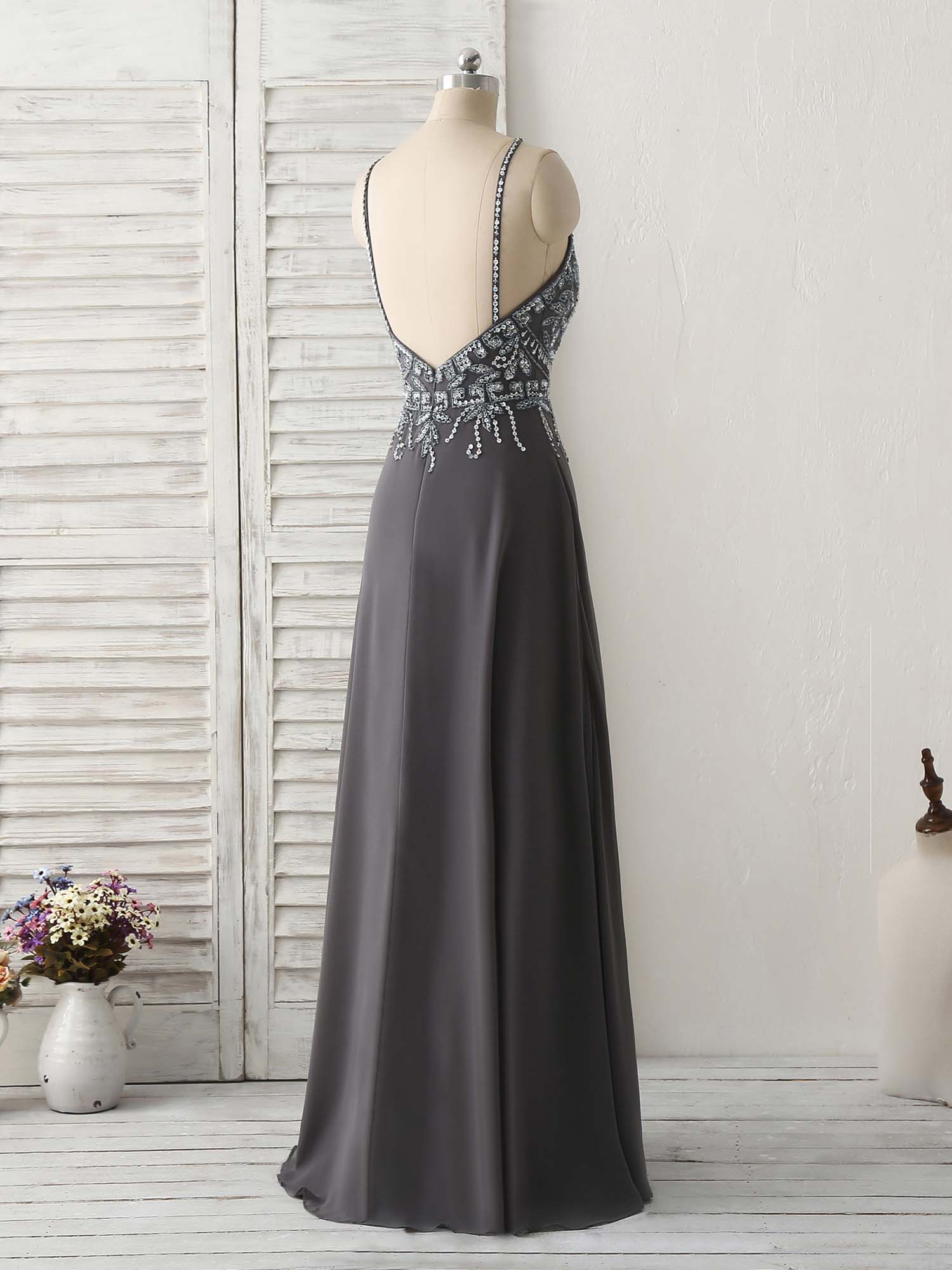 Dark Gray Sequin Beads Long Prom Dress Backless Evening Dress US 16 / Dark Gray Dark Gray Sequin Beads Long Prom Dress Backless Evening Dress US 16 / Dark Gray