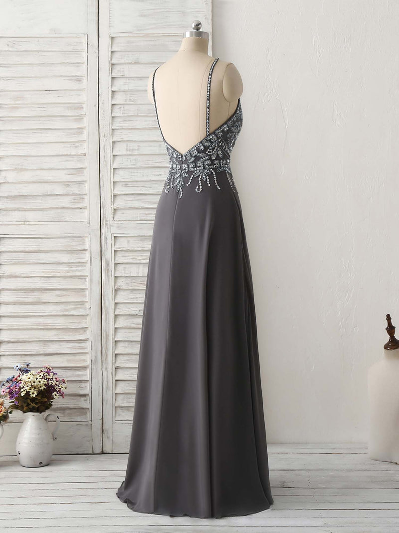 Dark Gray Sequin Beads Long Prom Dress Backless Evening Dress shopluu Dark Gray Sequin Beads Long Prom Dress Backless Evening Dress shopluu