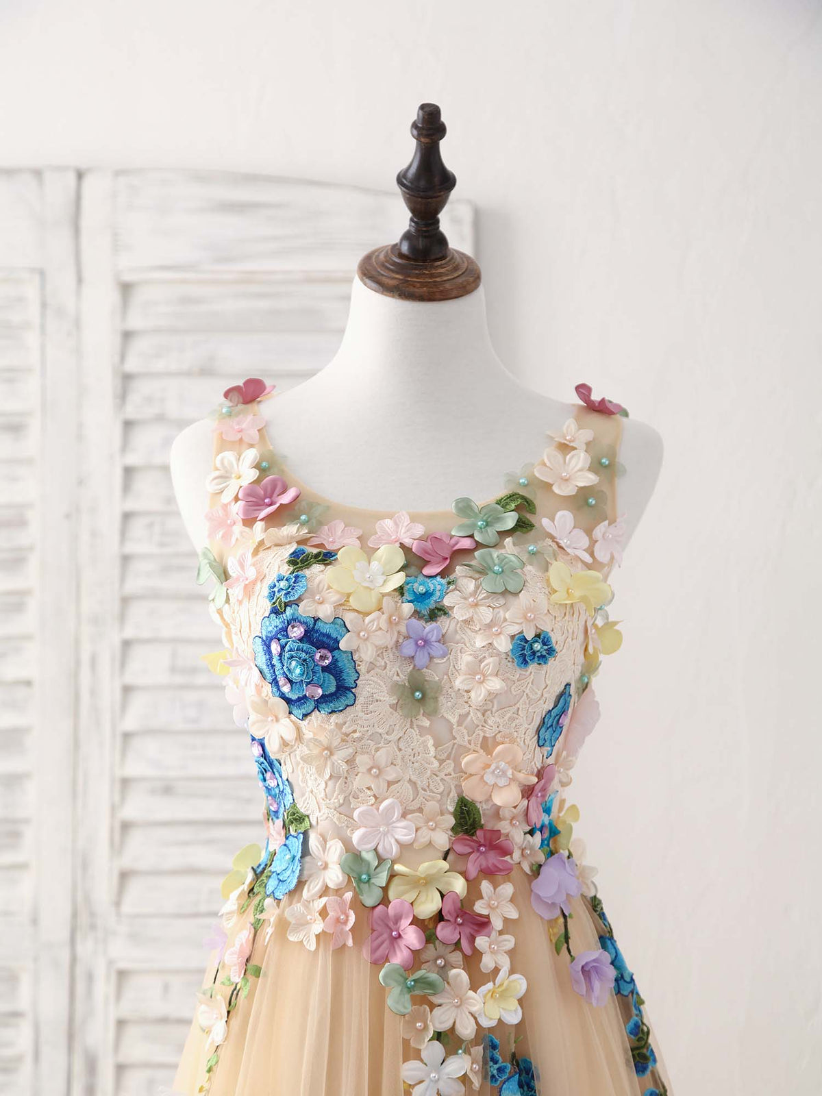 Champagne Tulle Lace Applique Long Prom Dress, Evening Dress