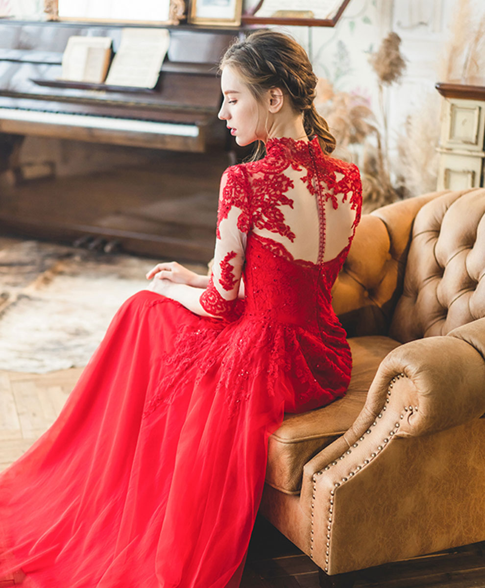 Red High Neck Tulle Lace Long Prom Dress, Red Lace Formal Dress