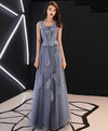 Gray Blue Tulle Lace Long Prom Dress, Gray Blue Tulle Evening Dress