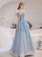 Blue Tulle Off Shoulder Beads Long Prom Dress, Blue Tulle Formal Dress