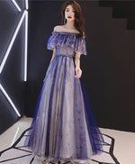 Blue Tulle Lace Tea Length Prom Dress, Blue Tulle Evening Dress