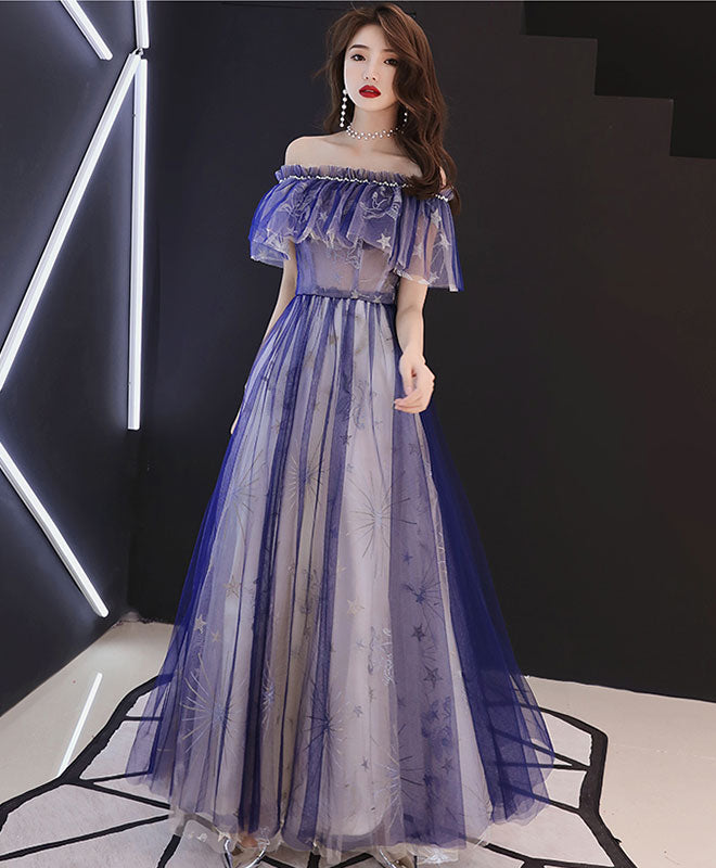 Blue Tulle Lace Tea Length Prom Dress, Blue Tulle Evening Dress – shopluu