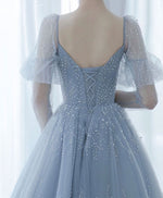 V Neck Tulle Sequin Blue Long Prom Dress, Blue Formal Graduation Dress