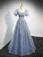 Gray Blue Tulle Long Prom Dress, Gray Blue Tulle Formal Evening Dresses