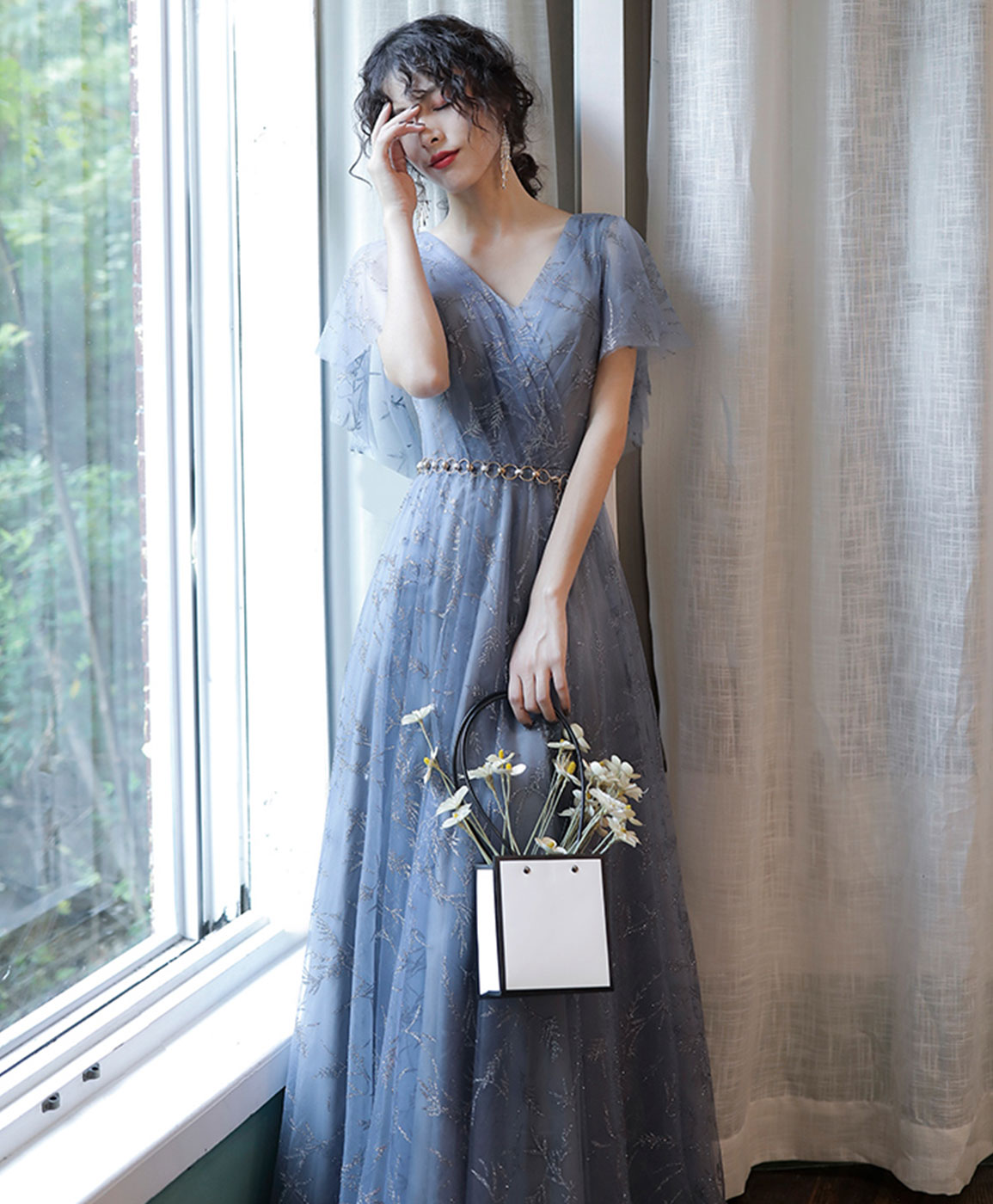 Gray Blue V Neck A-Line Tulle Long Prom Dress Gray Blue Tulle Formal Dress