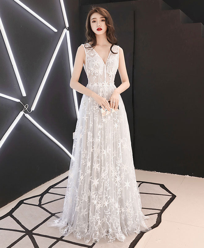 Gray Tulle Lace Long Prom Dress, Gray Lace Evening Dress