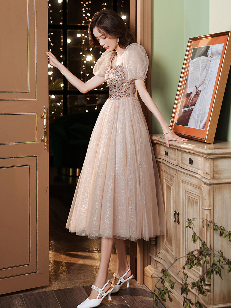 Champagne A-line Tulle Beads Prom Dress, Tulle Bridesmaid Dress