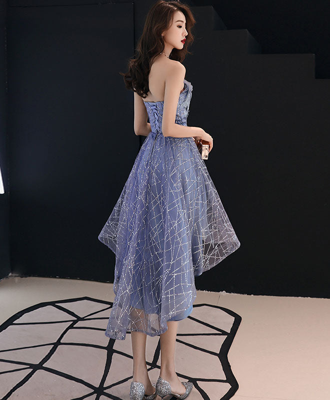 Blue Tulle Lace Short Prom Dress, Blue Evening Dress