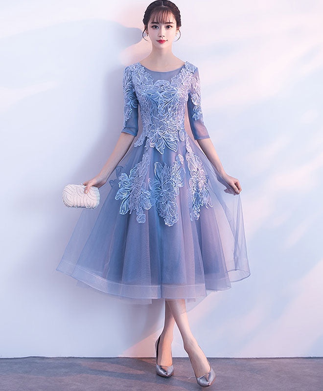 Blue Round Neck Tulle Lace Short Prom Dress, Blue Homecoming Dress