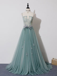 green tulle long prom dress