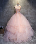 Pink Round Neck Tulle Lace Long Prom Dress Lace Formal Dress