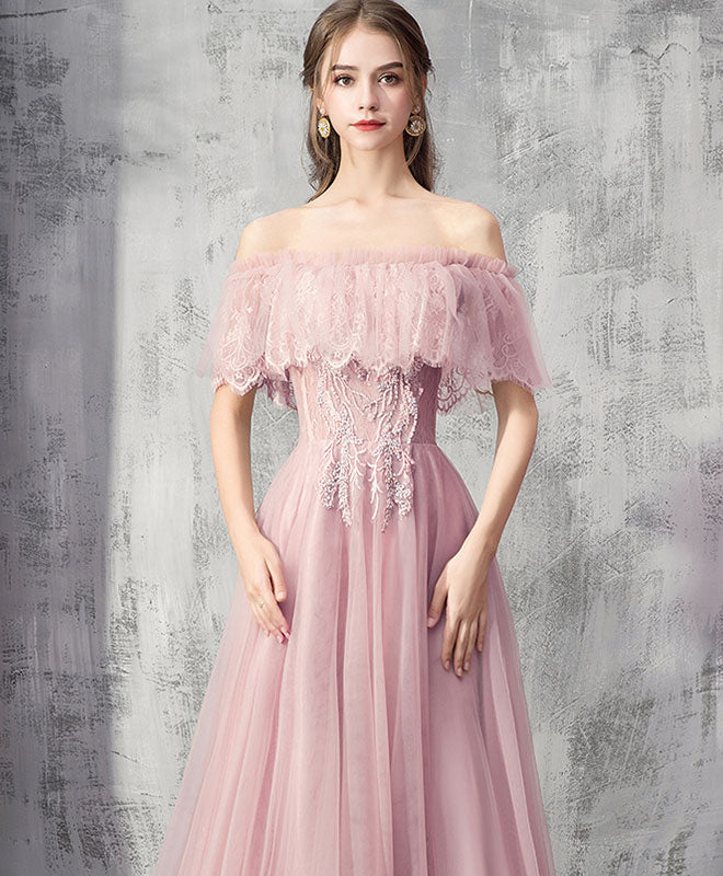 Pink Tulle Lace Long Prom Dress Pink Tulle Formal Dress