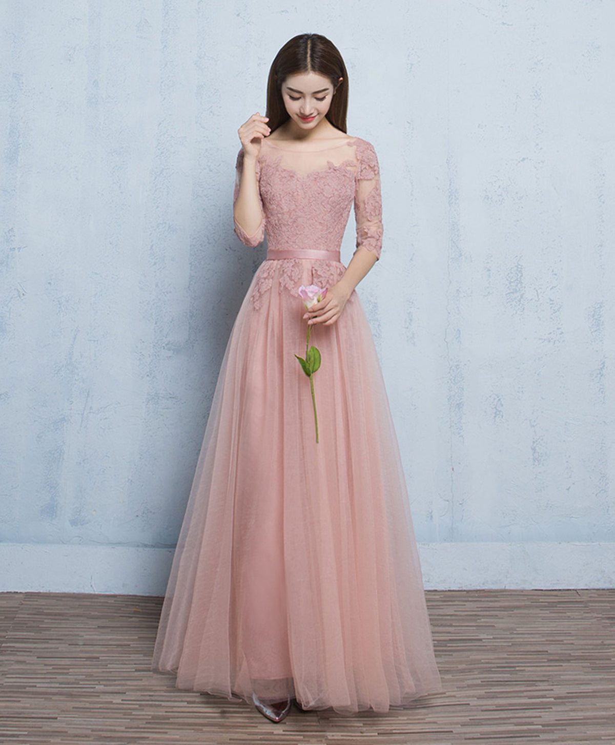 Pink Round Neck Tulle Lace Long Prom Dress, Pink A-Line Bridesmaid Dress