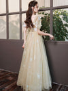Champagne Tulle Lace Long Prom Dress, Champagne Tulle Formal Dress