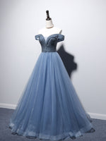 Blue Sweetheart Neck Beads Long Prom Dress, Blue Tulle Formal Dress With Beading Sequin