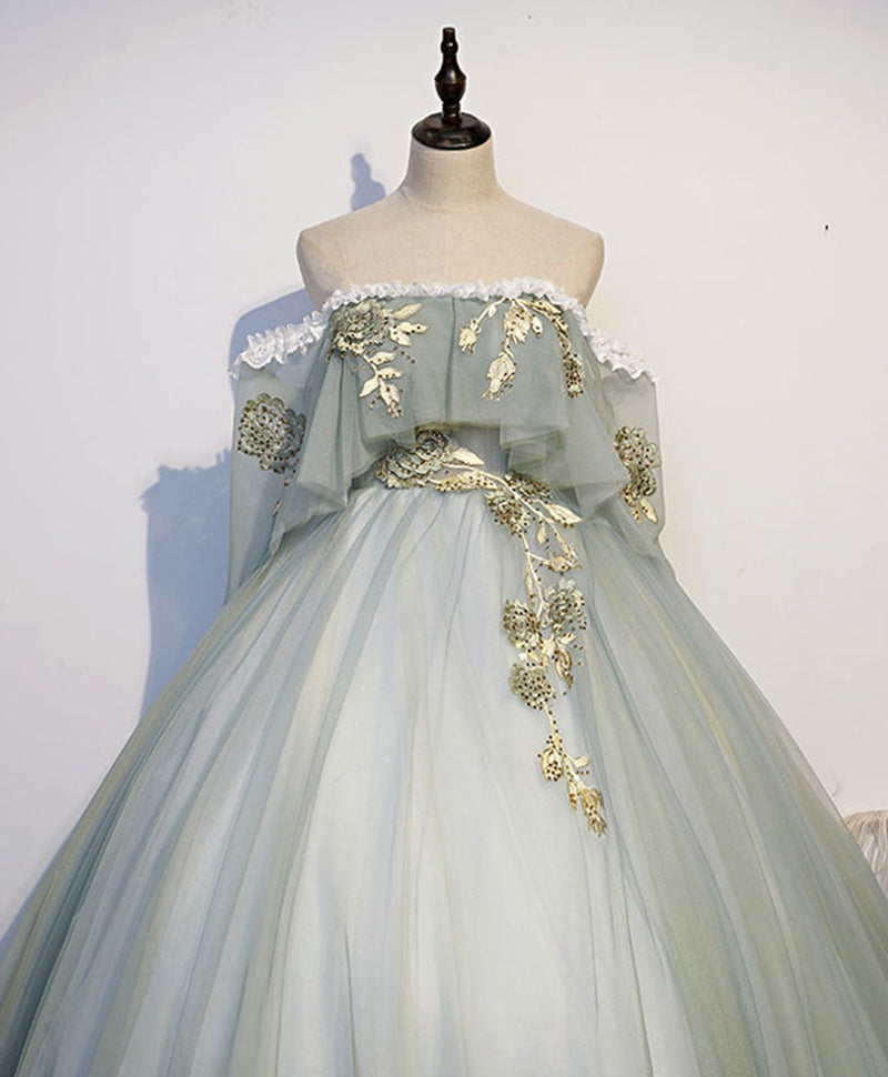 Green Tulle Lace Long Prom Dress, Green Tulle Sweetheart 16 Dress – shopluu