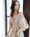 Champagne v neck tulle lace long prom dress champagne formal dress