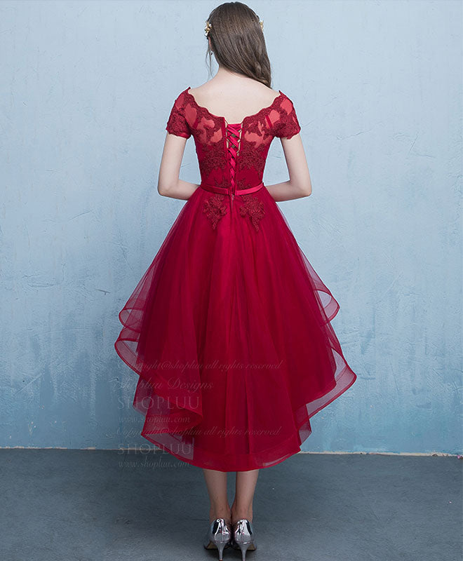 Burgundy Tulle Lace Short Prom Dress, Burgundy Homecoming Dress