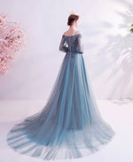 Gray Blue A Line Long Prom Dress, Blue Lace Evening Dress