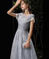 Gray Round Neck Tulle Lace Long Prom Dress Gray Tulle Formal Dress