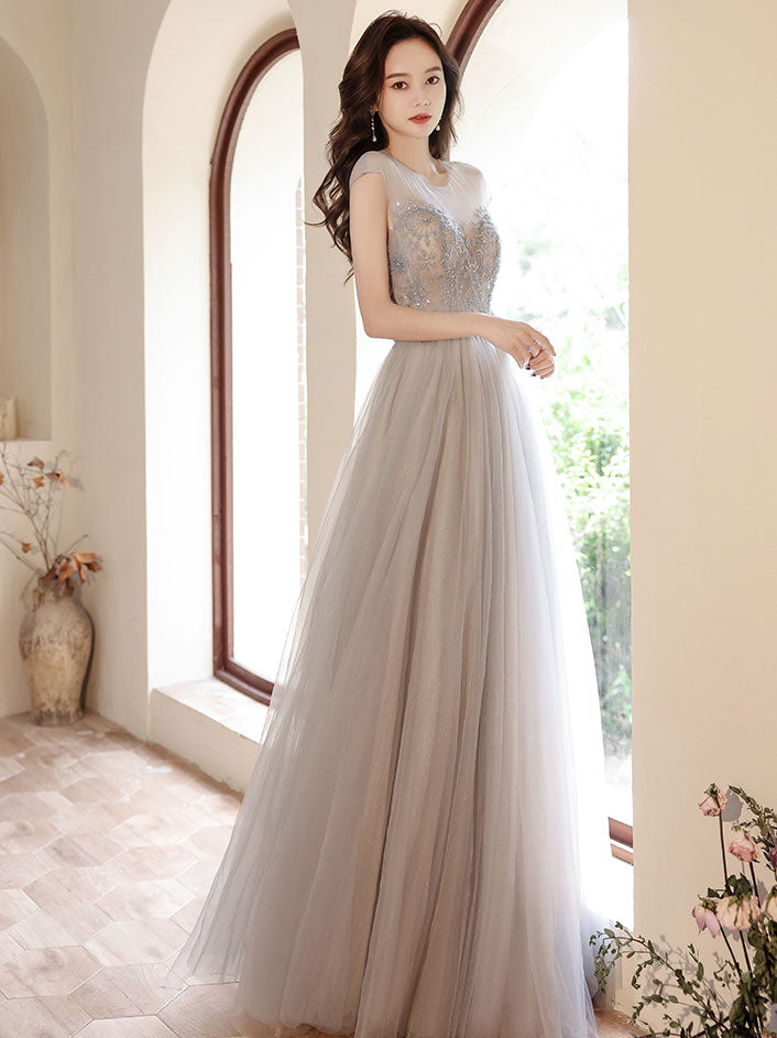 Gray Round Neck Tulle Beads Long Prom Dress, Gray Evening Dress