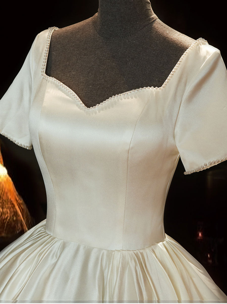 White Sweetheart Satin Long Bridal Dress White Wedding Dress