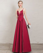 Simple V Neck A Line Satin Long Prom Dress Red Evening Dress