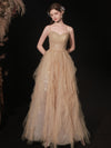 Champagne Tulle Sequin Long Prom Dress, Champagne Tulle Formal Dress
