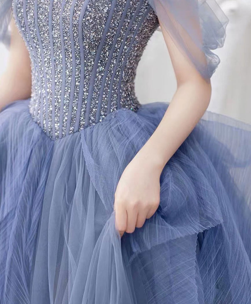 Blue Sweetheart Neck Tulle Beads Sequin Long Prom Dress,Blue Graduation Dress