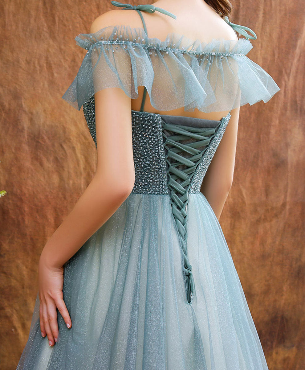 A-Line Tulle Beads Long Green Prom Dress, Tulle Formal Dress