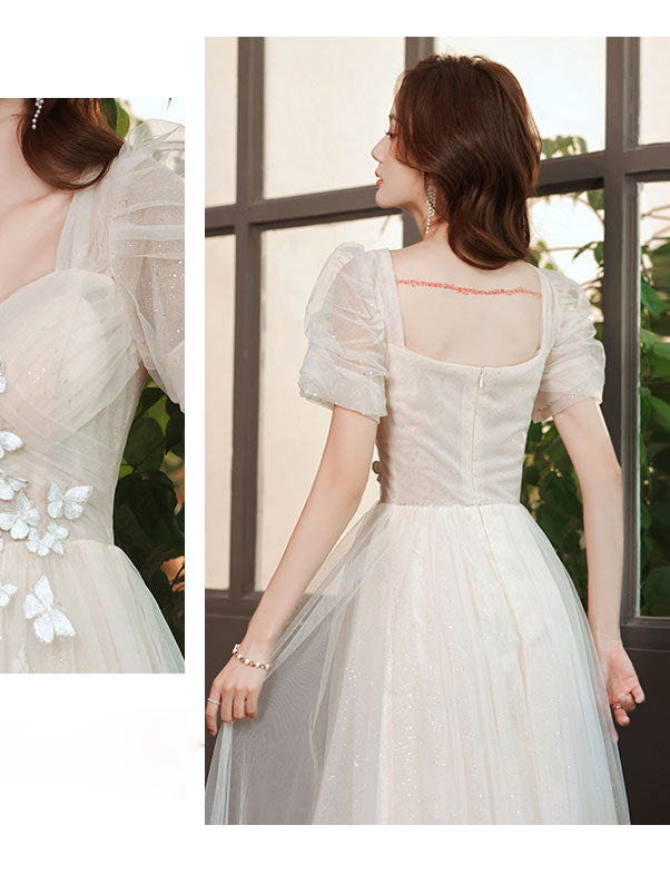 Light Champagne Tulle Lace Long Prom Dress, Champagne Evening Dress