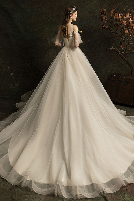 White Round Neck Tulle Lace Long Wedding Dress, Bridal Dress