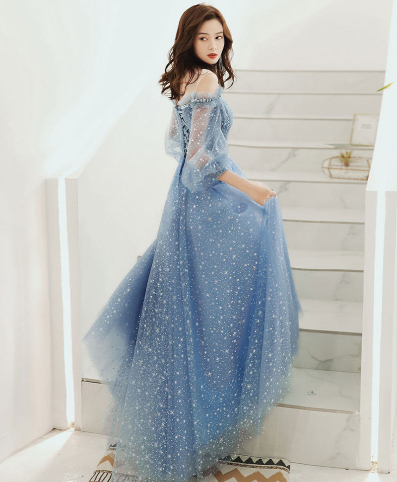 Blue Round Neck Tulle Sequin Long Prom Dress Tulle Evening Dress
