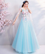 Blue V Neck Tulle Long Prom Dress, Blue Tulle Evening Dress