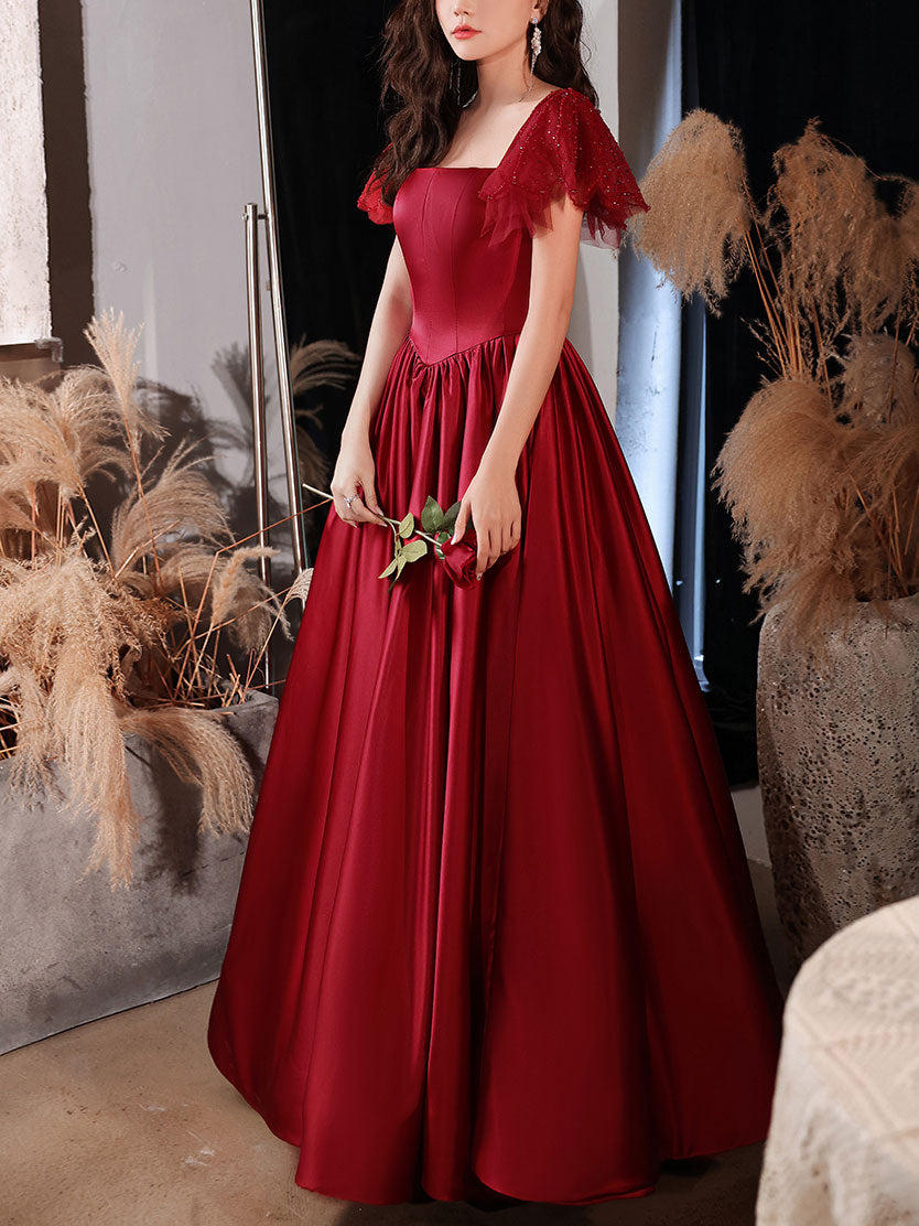 Simple Burgundy Satin Long Prom Dress, Burgundy Bridesmaid Dress