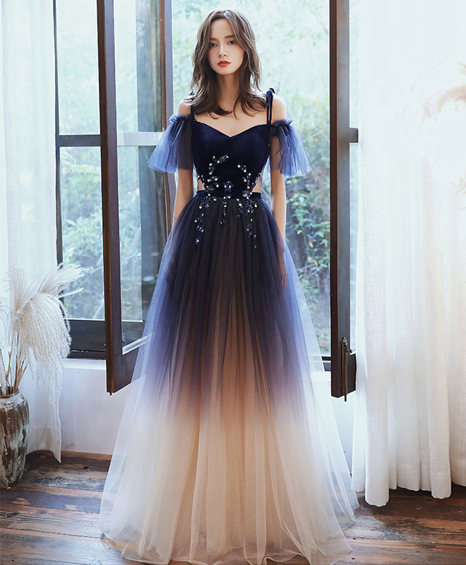 Blue Sweetheart Tulle Off Shoulder Long Prom Dress Blue Evening Dress