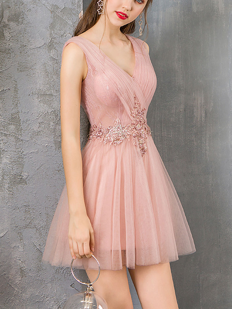 V Neck Pink Tulle Prom Dresses, Pink Homecoming Dresses, Short Pink Formal  Graduation Evening Dresses A1907