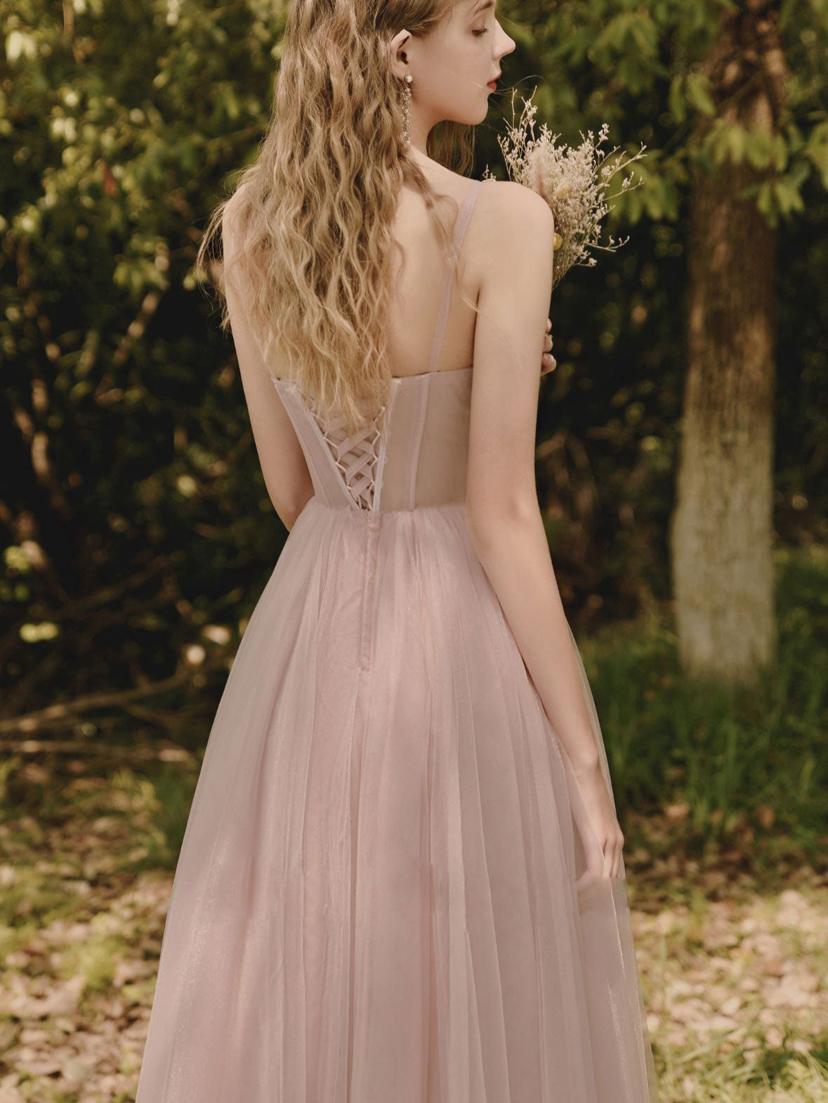 Pink Tulle Lace Tea Length Prom Dress, Lace Evening Dress