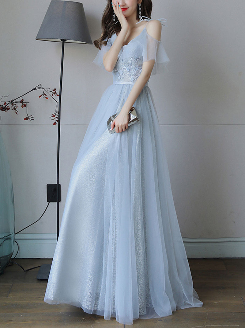 Simple Light Blue Tulle Lace Long Prom Dress, Lace Long Bridesmaid Dress